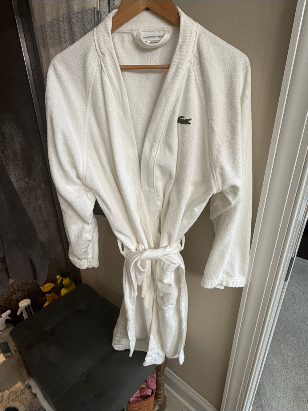 Lacoste White Terry Robe with Green Crocodile Accent